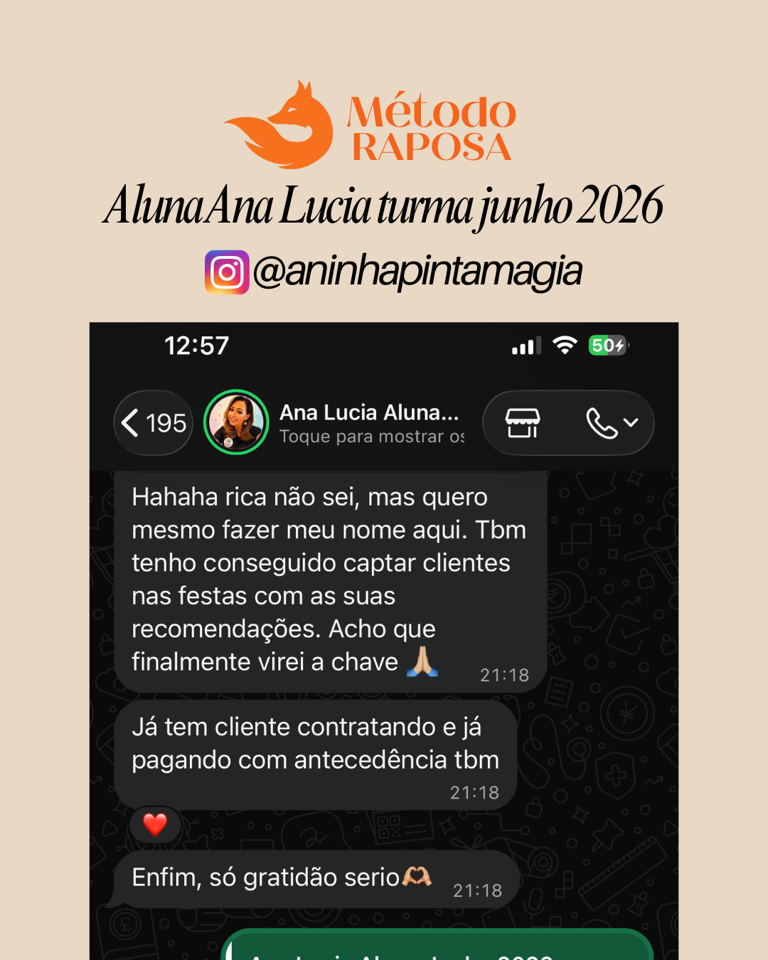 Depoimento da aluna Ana Lucia sobre clientes contratando com antecedência